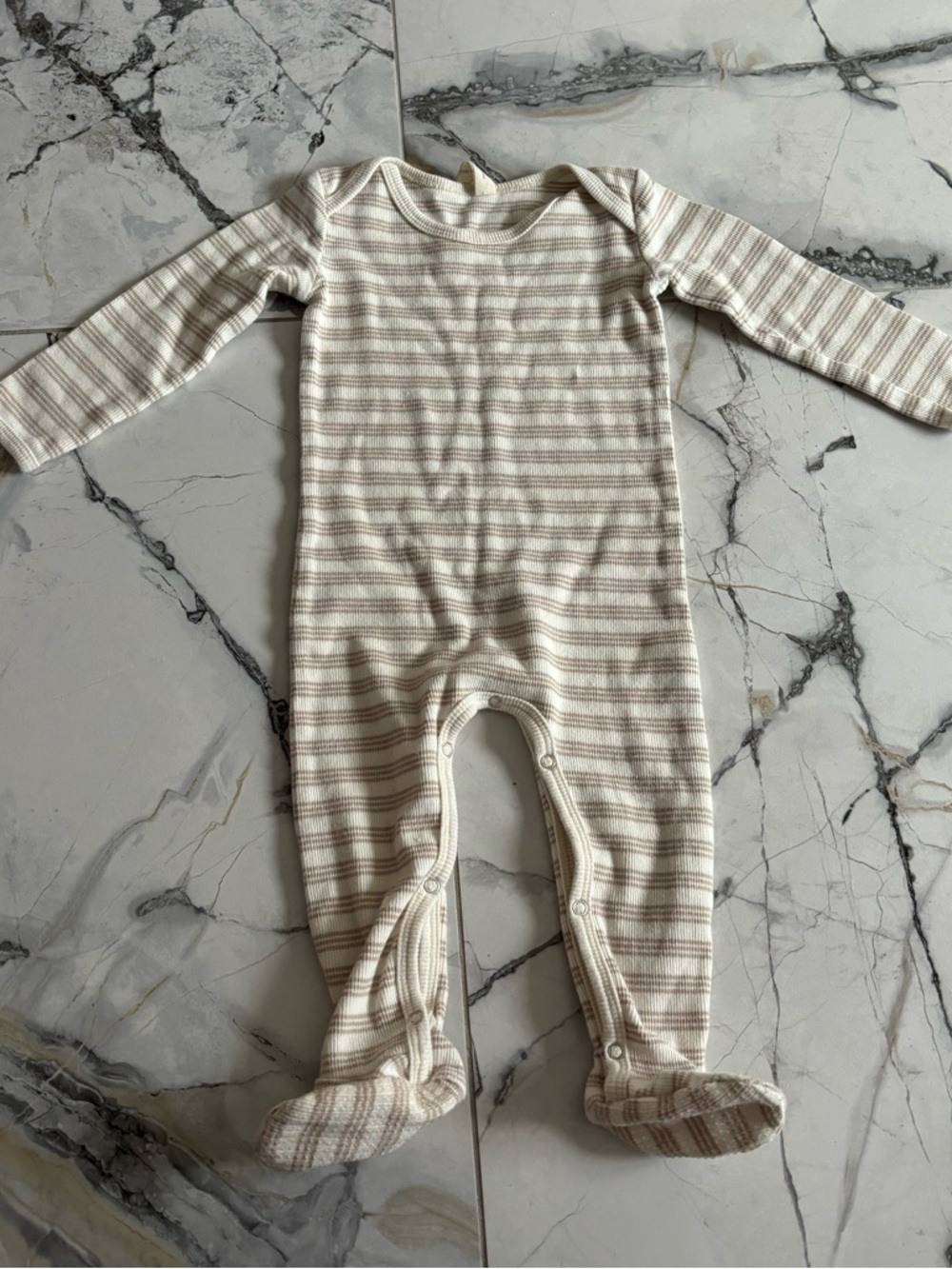 Quincy Mae Cream and Tan Striped Footed One-Piece